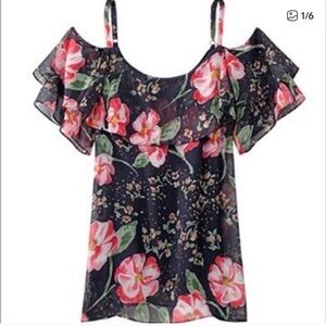 CAbi Floral Off-Shoulder Ruffle Blouse in Pink and Blue Sz Small